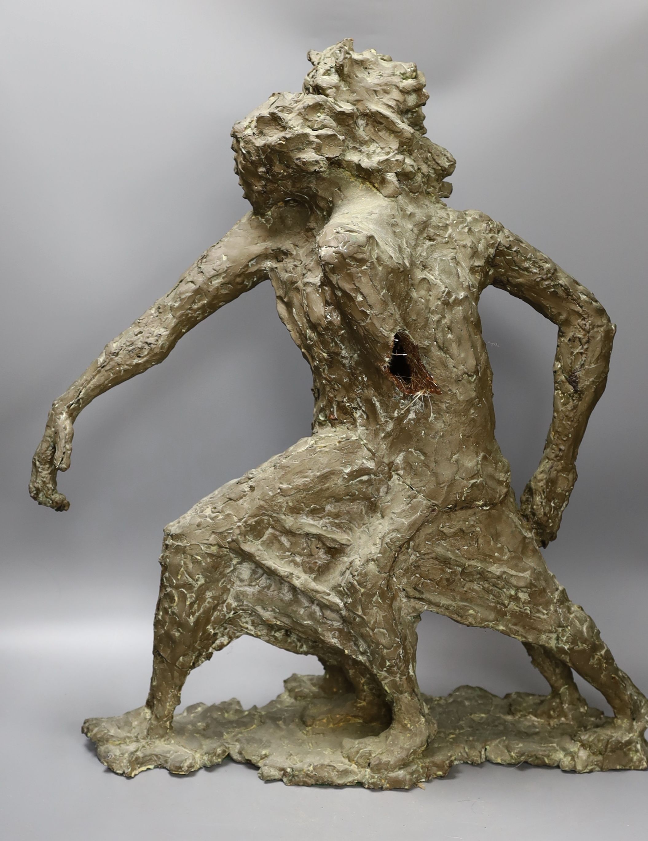 Leslie Charlotte Benenson RE (1941-2018), two bronzed fibreglass maquettes (a.f.), a clay head and three reticulated vessels (6), largest figure 58cms high.